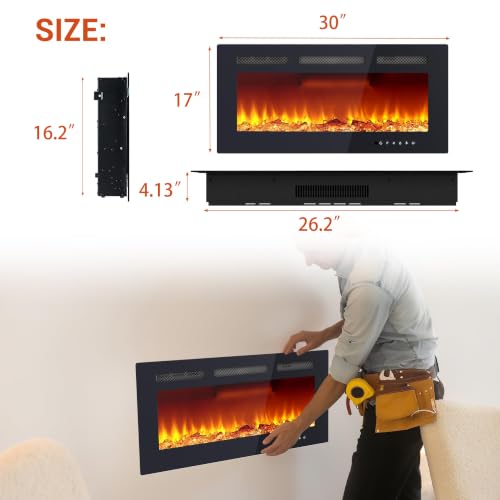 30-Inch Electric Fireplace Wall Mount & Recessed with 12 Flame Colors