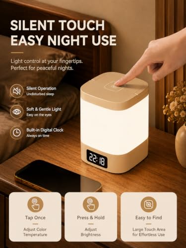 Kids Night Light with Clock, 3-Color Dimmable Nursery Sleep Light