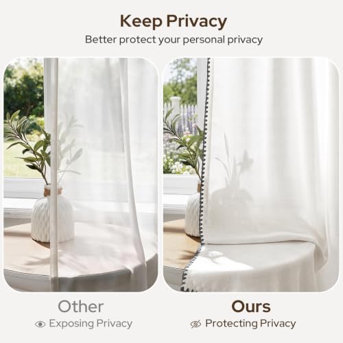 Cream Linen Semi Sheer Curtains 84 Inches Long - Pack of 2, Embroidered Trim