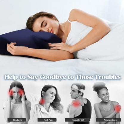 Cooling Memory Foam Neck Pillow with Support Armrests - Orthopedic Contour Bed Pillow for Side Back Stomach Sleepers, Navy