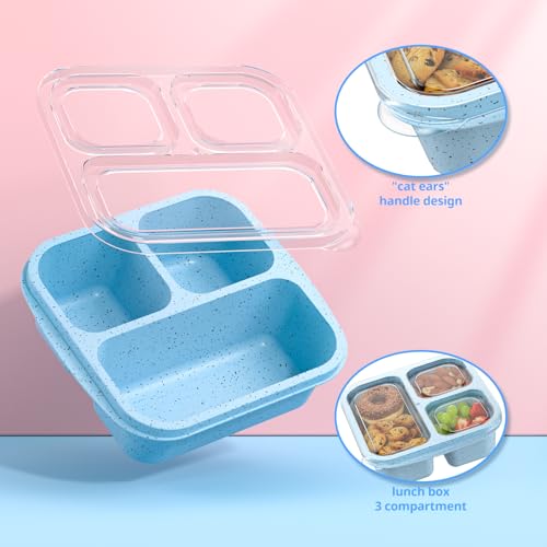 Enstphjoy Snack Boxes (3 Pack) - Stackable Bento Boxes with 3 Compartments, Meal Prep Containers Reusable, Lightweight Lunch Containers for Kids and Adults, BPA Free (Blue)