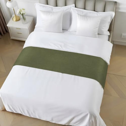 94 x 20 Inch Olive Green Bed Runner for King Size Bed - Farmhouse Hotel Style Decorative Throw