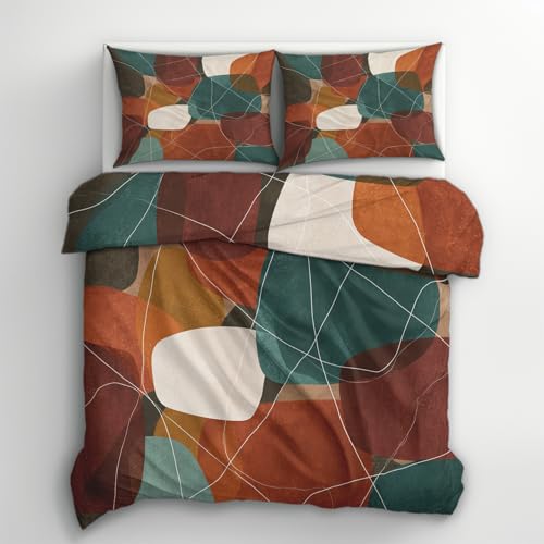 Geometric Abstract Duvet Cover Set Queen Size 3 Piece Terracotta & White