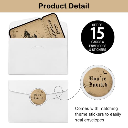 Gothic Castle Halloween Invitation Set with Envelopes and Stickers - 15 Cards