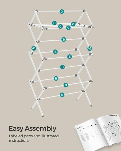 SONGMICS Foldable Clothes Drying Rack - Steel Frame Laundry Airer for Indoor/Outdoor Use | 14.6 x 29.5 x 53.2 Inches, Easy Assembly, White