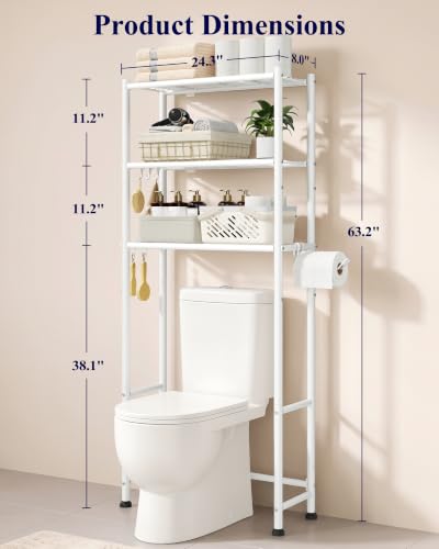 Over Toilet Storage Rack 3 Tier Metal Bathroom Organizer - White / 61" H