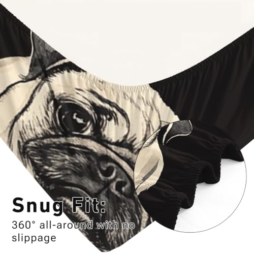 Full Size Pug Dog Pet Bed Sheet Set - Cartoon Microfiber Bedding with Deep Pockets - Black & Beige - 4 Piece