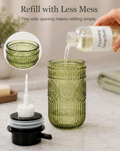 Vintage Green Glass Foam Soap Dispenser with Embossed Sunflower Pattern