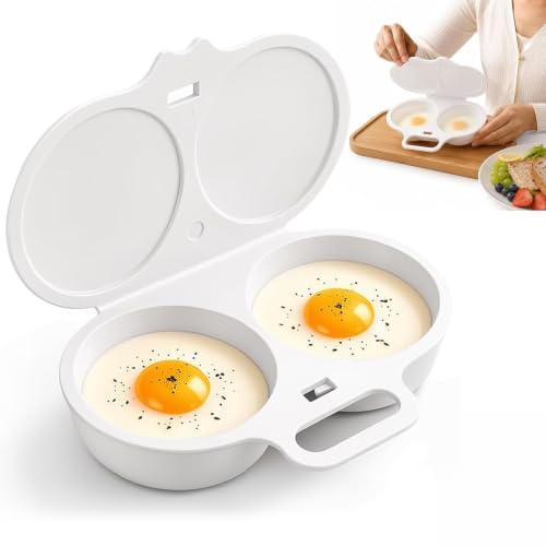 White Dual Cavity Microwave Egg Poacher with Lid & Handle - 2 Eggs, Food-Grade PP
