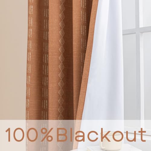Terracotta Boho Blackout Curtains Set - 50W x 84L, 2 Panels, Vintage Floral Farmhouse Style, Linen Cotton Blend, Autumn Rust Orange Pattern, Autumn Drapes