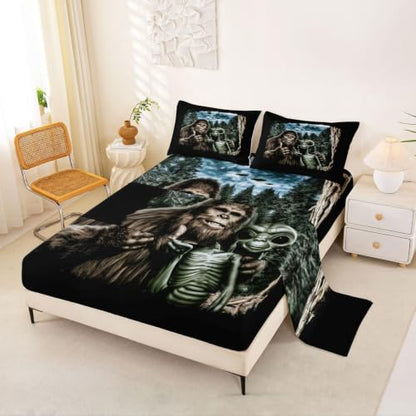 Castle Fairy Bigfeet and Alien Full Size Bed Sheet Set - W54xL75 Inches