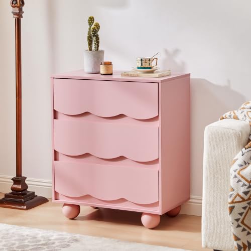 3-Drawer Dresser for Bedroom in Pink - Wave Front, 23.6" W x 13.8" D x 28.7" H, Wooden Storage Chest