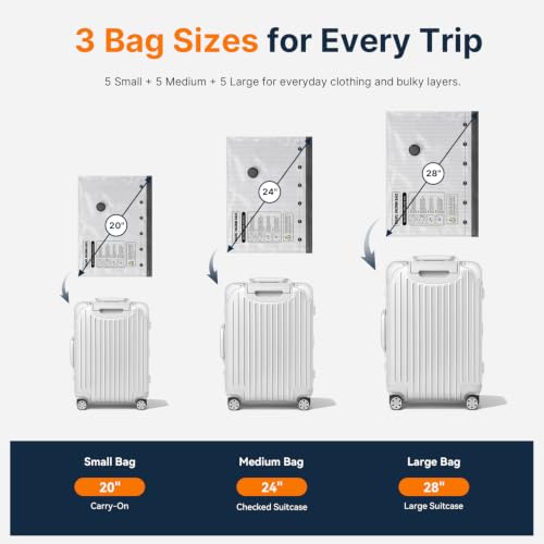 Travel Vacuum Bags with Rechargeable Pump - Orange, 15 Pack