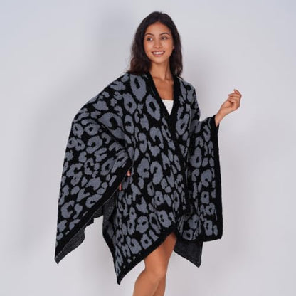 WDCOZY Wearable Blanket Poncho - Warm Soft Adults Cape Black Leopard