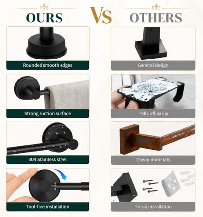 Suction Cup Towel Bar for Bathroom Wall - Matte Black, 14.6-24 Inches
