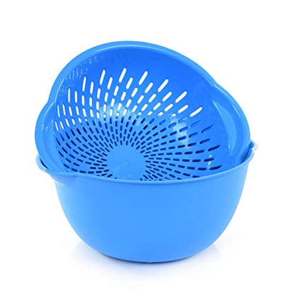 Mintra Home Mixing Bowl w/Colander (Large 4.5L, Blue) - For Washing & Draining Fruits And Vegetables - Heavy Duty Plastic for Baking, Cooking Supplies - Dishwasher Safe