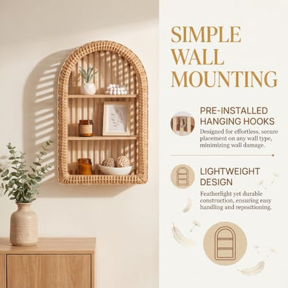 Natural Wood Rattan Wall Shelf - 3 Tier Boho Arched Wicker Hanging Shelves