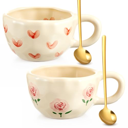 Vesici Floral Tea Cup Set Heart Rose Ceramic Mug with Spoon - 2 Pack