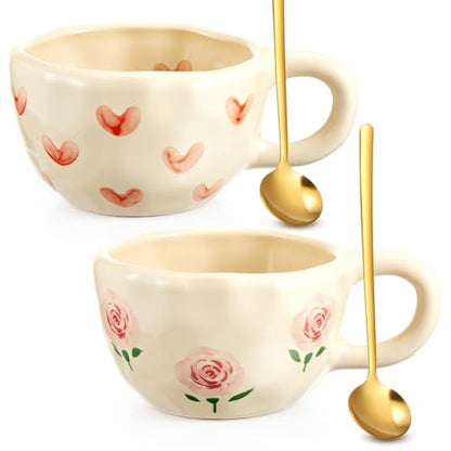 Vesici Floral Tea Cup Set Heart Rose Ceramic Mug with Spoon - 2 Pack