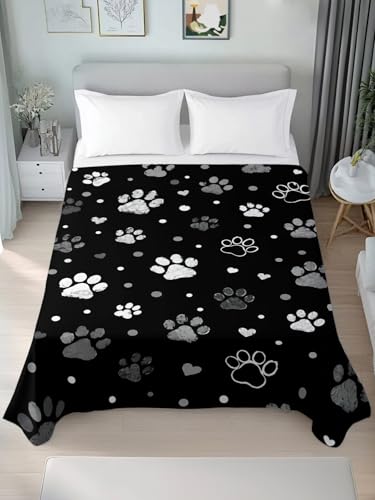 Queen Size Flat Sheet Only - Black, Charcoal, Dark Gray, White Dog Paw Prints Microfiber Bed Sheet
