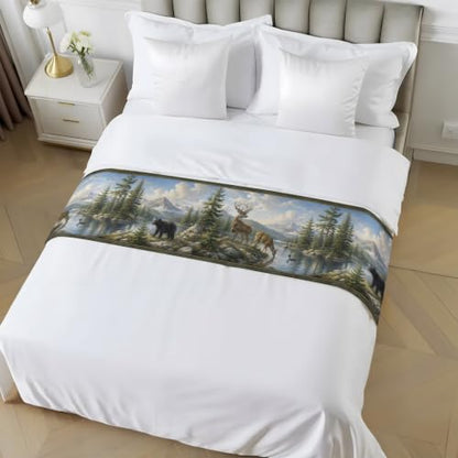 Green Forest Deer Bed Runner for King Bed 94x20 Satin Decor