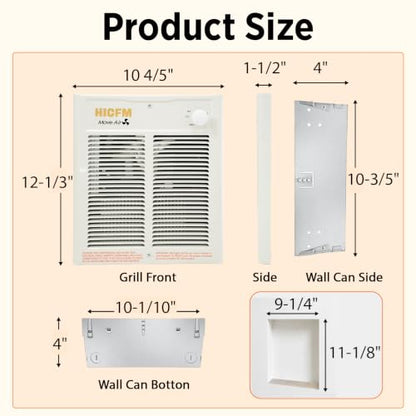 Wall Mount Electric Space Heater 1500W with Thermostat Fast Heating 120V