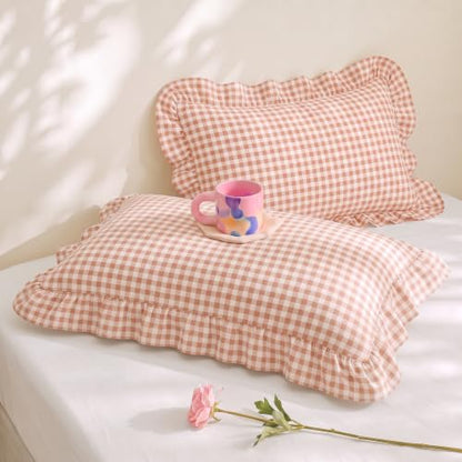 Cotton King Size Pillowcases Set of 2 Gingham Peach Ruffled Farmhouse Bedding