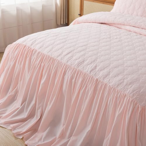 Pink Cotton Bedspread Set with Bow Stitching - King Oversized 3PC - Brandream