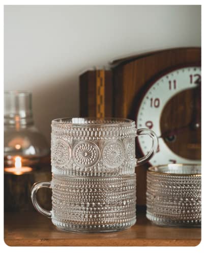 Vintage Glass Coffee Mug Set 14 Oz Stackable Tea Cups with Handle for Hot Cold Beverages