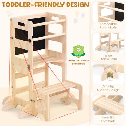 Natural Toddler Kitchen Step Stool 4-in-1 Foldable Learning Tower with Blackboard