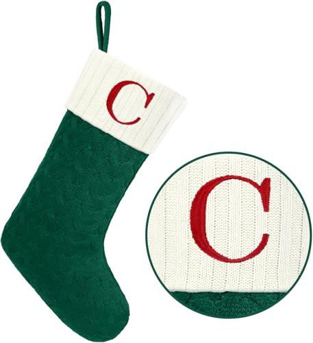 Large Green and White Christmas Stocking with Initial Letter C - 20 Inches Knit Embroidered Monogram Holiday Decor, Family Gift
