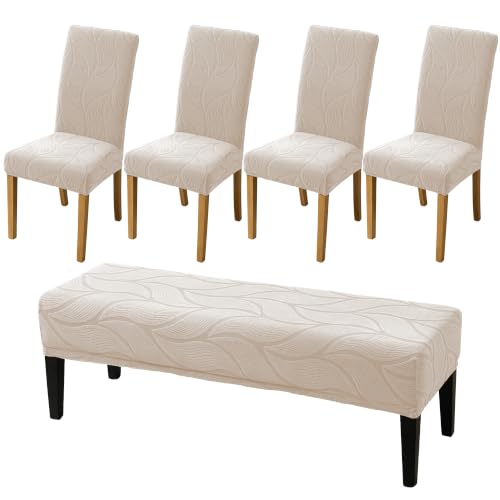 Stretch Dining Chair Covers Set of 4 with Bench Cover - Beige