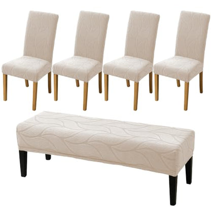 Stretch Dining Chair Covers Set of 4 with Bench Cover - Beige
