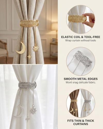 Gold Celestial Sun and Moon Elastic Curtain Tiebacks - Vintage Style