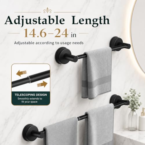 Suction Cup Towel Bar for Bathroom Wall - Matte Black, 14.6-24 Inches