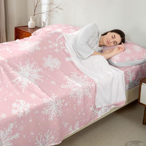 Pink Snowflake Bed Sheets Set for Kids & Adults King Size 4Pcs - White Pink Variation