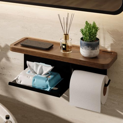 3-in-1 Wall-Mounted Toilet Paper Holder with Shelf - Matte Black Bathroom Organizer