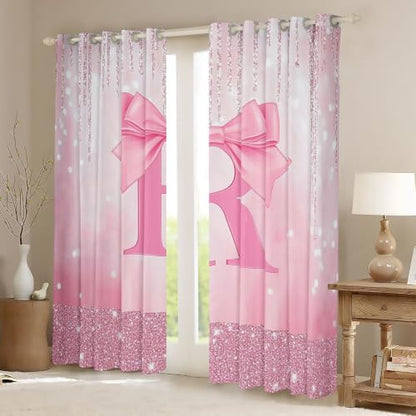 Pink Bowknot Blackout Curtains with Initials - Room Decor, Personalized