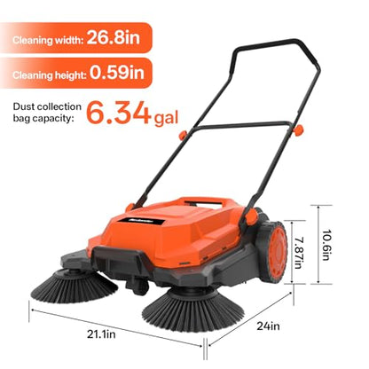 26-Inch Walk-Behind Floor Sweeper with Large Dust Container for Garage Patio Yard