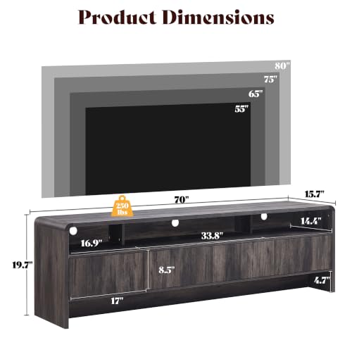 Amerlife 70-Inch Modern Curved TV Stand with Storage - Black, Flat Panel