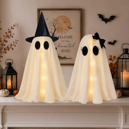 24 Inch Light Up Halloween Ghost Decorations - DIY Spooky Ghosts with Witch Hats, LED Lights, 2 Pack