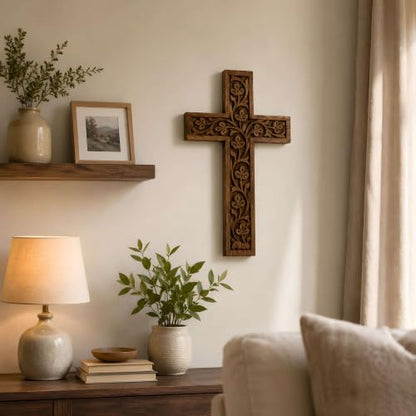 Wooden Wall Cross Hand Carved - Rustic Religious Decor, 7 x 5 Inches