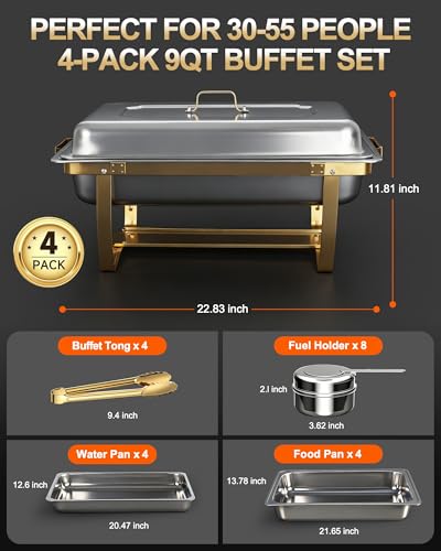 Golden 4-Pack 9 Qt Stainless Steel Buffet Chafing Dishes for Catering & Events