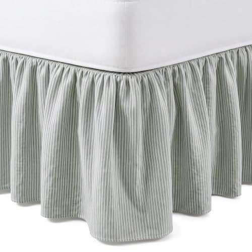 Tranqun Stripe Ruffled Bed Skirt Queen Size 16 Inch Drop Light Green