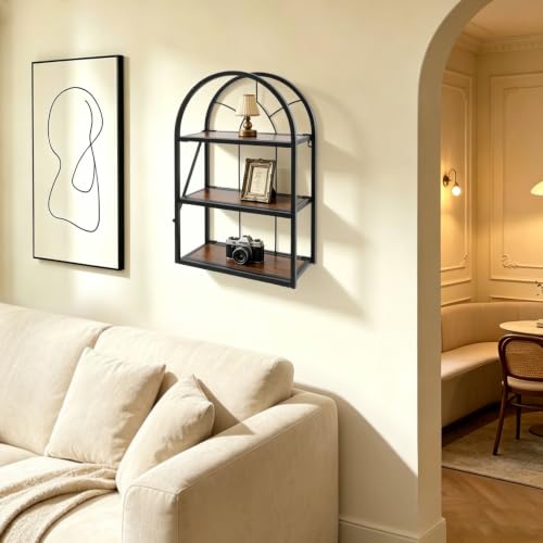 Rustic Wall Mount Shelf with 3 Wooden Tiers for Bathroom Kitchen Entryway