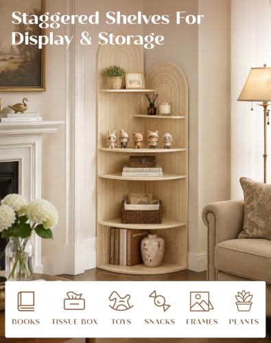 6-Tier Corner Shelf - Arched Display Bookcase in Oak Finish