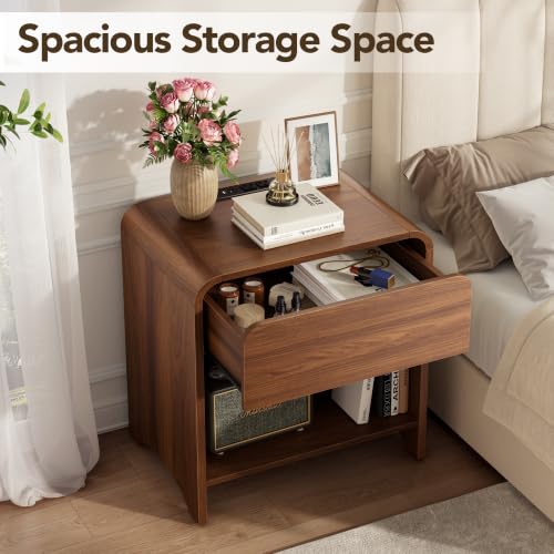 Decofy Walnut Nightstand Set of 2 with Built-In Charging Station, 1 Drawer, Modern Design