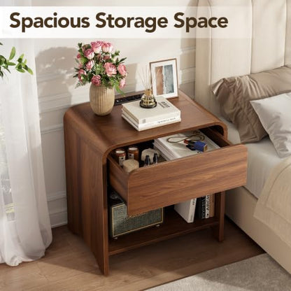 Decofy Walnut Nightstand Set of 2 with Built-In Charging Station, 1 Drawer, Modern Design