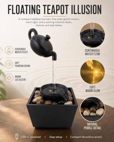 Floating Illusion Teapot Water Fountain Decor - Gold