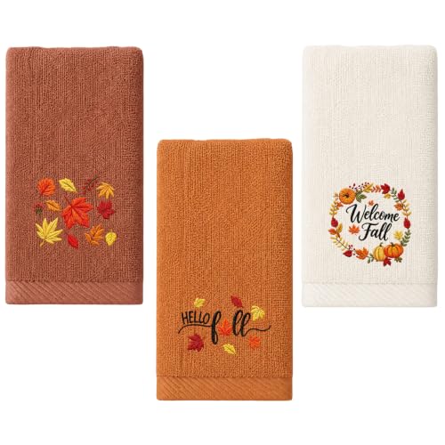 Fall Pumpkin Hand Towels Set - Autumn Embroidered Kitchen & Bathroom Towels, 3 Pack 14x30in
